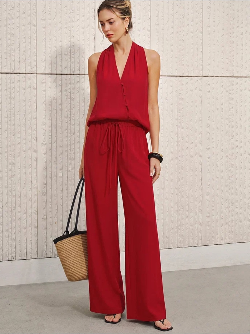 Commense Cotton Linen Co-Ord 2 Piece Asymmetrical Top & Pants Set in Red Medium